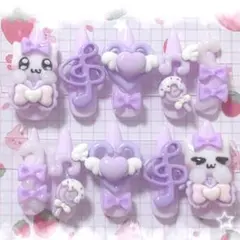 【現品】ネイルチップ 量産型 地雷系 平成女児 紫 メンカラ 推し活 猫