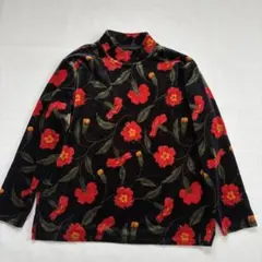 昭和レトロ】花柄 ベロア ハイネックカットソー ベロアトップス 黒 赤 M⁠