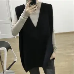 オーバーサイズ Vネック ニットベスト　ジレ　黒