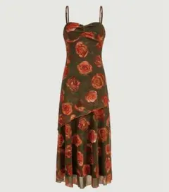 ローズ柄キャミソール　ロングワンピース　キャミワンピ　バラ　パーティー