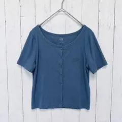 【GAP】ギャップ（S）リブニット 半袖カーディガン ロゴ刺繍 ブルー 薄手