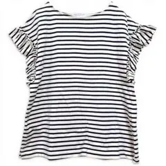 アデイインザライフ ボーダーTシャツ 綿 日本製 F 白 紺 フリル袖 半袖のサムネイル