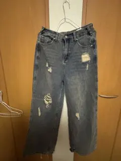 ダメージ加工 ダークブルー ワイドレッグデニム　shein