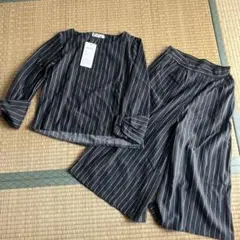 新品未使用　グレー　ストライプ　パンツセットアップ　M ウエストゴム　ワイド