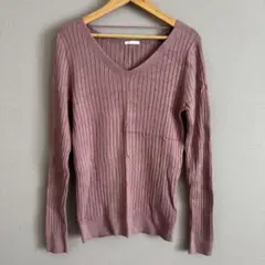 GU Vネック 長袖カットソー パープル リブ編み