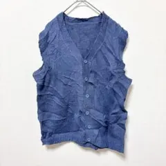 【希少】シワ加工 ニットベスト プリーツ ブルー Vネック モード 個性的 M