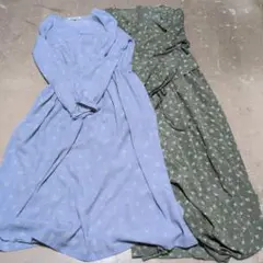 薄い青と花柄の長袖ワンピース