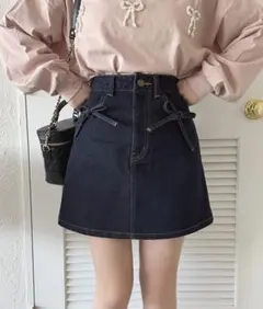 【完売品】アプレジュール リボンデニム台形スカート FREE インディゴブルー