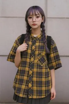 学生風 チェックシャツ 黄×ネイビー 半袖 ユニセックス