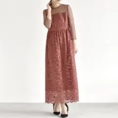 結婚式 お呼ばれ パーティードレス 総レース ピンク 38 ロング丈