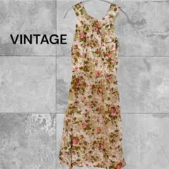 VINTAGE フラワープリント ロングワンピース 花柄 レトロ ピンク 緑