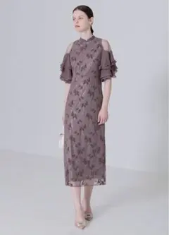 LEJA-花柄オープンシアーショルダーレイヤードフリル袖スリットロングドレス