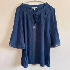 1点物✨【L】 ネイビー 紺色 七分袖 ブラウス レースデザイン トップス