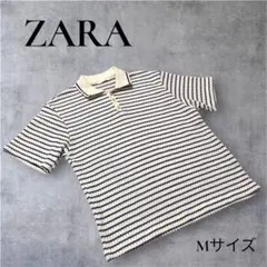 ZARA ジャカードボーダーポロシャツ エクリュ ネイビー 半袖 上品