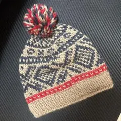 NICE CLAUP幾何学模様ニット帽 ポンポン付き