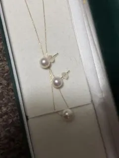 K18 真珠の2連ネックレス 薄いピンク系ピアスセット