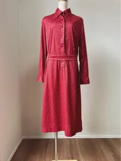 ヴィンテージ 長袖 総柄 幾何学模様 ロング ワンピース レッド Y85O