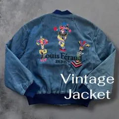 90’s Louis Féraud デニムライクブルゾン ピエロ刺繍 奇抜 古着