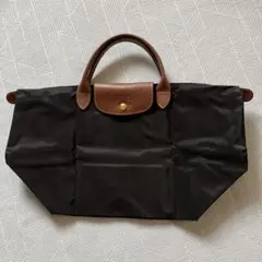 美品 Longchamp ロンシャン黒 ナイロン ハンドバッグ レザー ハンドル