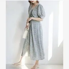 【Heather】美品 シャーリング花柄ワンピース パフスリーブ ブルー