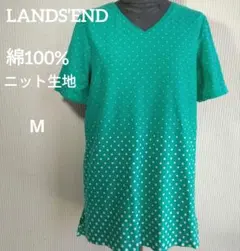 LANDS’END エメラルドグリーンドット柄 Vネック 半袖 Tシャツ Mのサムネイル
