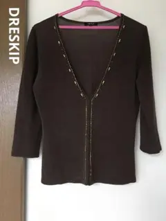 ワールド【DRESKIP】カーディガン 七分袖 前開き ビーズ付き ブラウンのサムネイル
