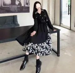 花柄 ロング ワンピース 黒 レディース Ｖネック 切り替え フレア 秋 冬
