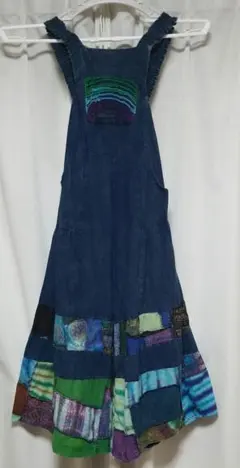 ダークブルー パッチワーク ワイドサロペット