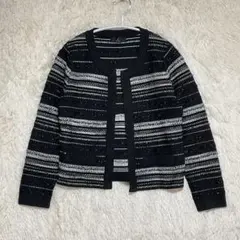 美品 INED ノーカラーニットジャケット 9 M ブラック ホワイト