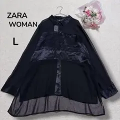 【ザラウーマンZARA】光沢サテン切り替え　シアー　ガーゼシフォンブラウス　黒Lのサムネイル