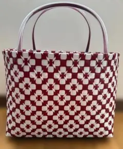 No.７９　レッド✕白花柄　プラカゴバック　PPバンド　ハンドメイド