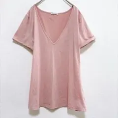 ビヨーブ 無地 Tシャツ 深Vネック 半袖 L 桃 コットン カジュアル