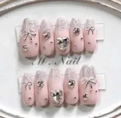 ネイルチップ フレンチガーリー リボン ピンク ラメネイル 量産型 韓国