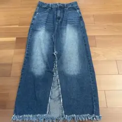 デニムロングスカート フリンジ付き　M