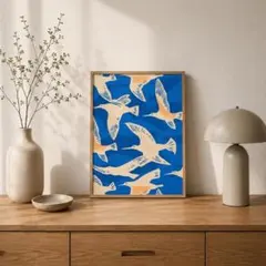 アートポスター 鳥 ブルー 木版画風 海鳥 リゾート 北欧 インテリア