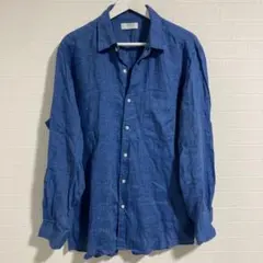 美品　ユニクロUNIQLO プレミアムリネンシャツ　長袖　ブルー系　サイズXLのサムネイル
