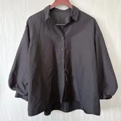 ボリューム袖 ギャザーブラウス シャツ【M】ブラック 長袖シャツ 後ろ長め