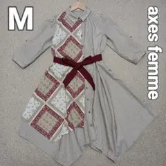 axes femme スカーフ柄切替シャツワンピース　ベージュ×レッド　Mサイズ