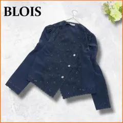 お洒落✨　ブロワ　ブラウス　フラワー　ビジュー　カットワーク　長袖　ネイビー　Mのサムネイル