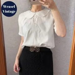 ヴィンテージ レトロ古着 ラウンドカラー刺繍ブラウス 半袖 白 後ろボタン