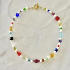 淡水パール　マルチカラー　ヴィンテージ　ガラスビーズ　ネックレス　アレルギー対応