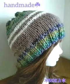 手編み ウール 帽子 ニット帽 クラッシャーハット クロシェハット ハンドメイド