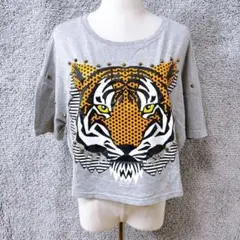 5088. トップショップ Tシャツ Ｍ グレー トラ 虎 綿 スタッズ 派手のサムネイル