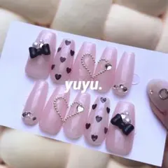 【サイズオーダー】ネイルチップ 冬ネイル バレンタイン ハートチェーン リボン