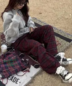 nugu チェックゴムワイドパンツ（ユニセックス）