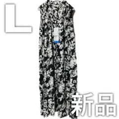 しまむら hareiro ノースリーブロングワンピース 濃黒 花柄 L ②