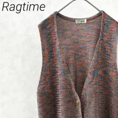 Ragtime ニットベスト Ｖネック カラフル 金ボタン ゆったり レトロ