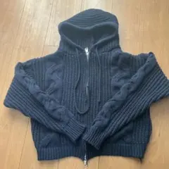 ネイビー ケーブル編み フード付きパーカー