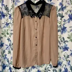 ガーリー シアーレース ブラウス 襟ビジュー ピンク×ブラック フェミニン