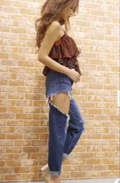 【GYDA】SIDE RIPPEDペグトッフデニムパンツ　XS